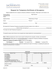 Document preview: Form CDD-0173 Request for Temporary Certificate of Occupancy - City of Sacramento, California