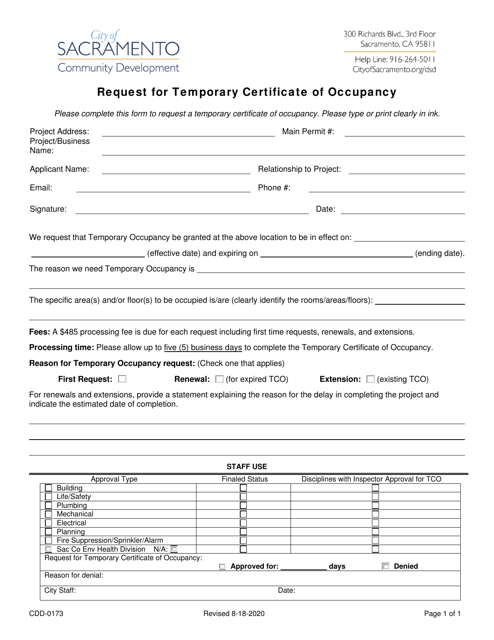 Form CDD-0173 Request for Temporary Certificate of Occupancy - City of Sacramento, California