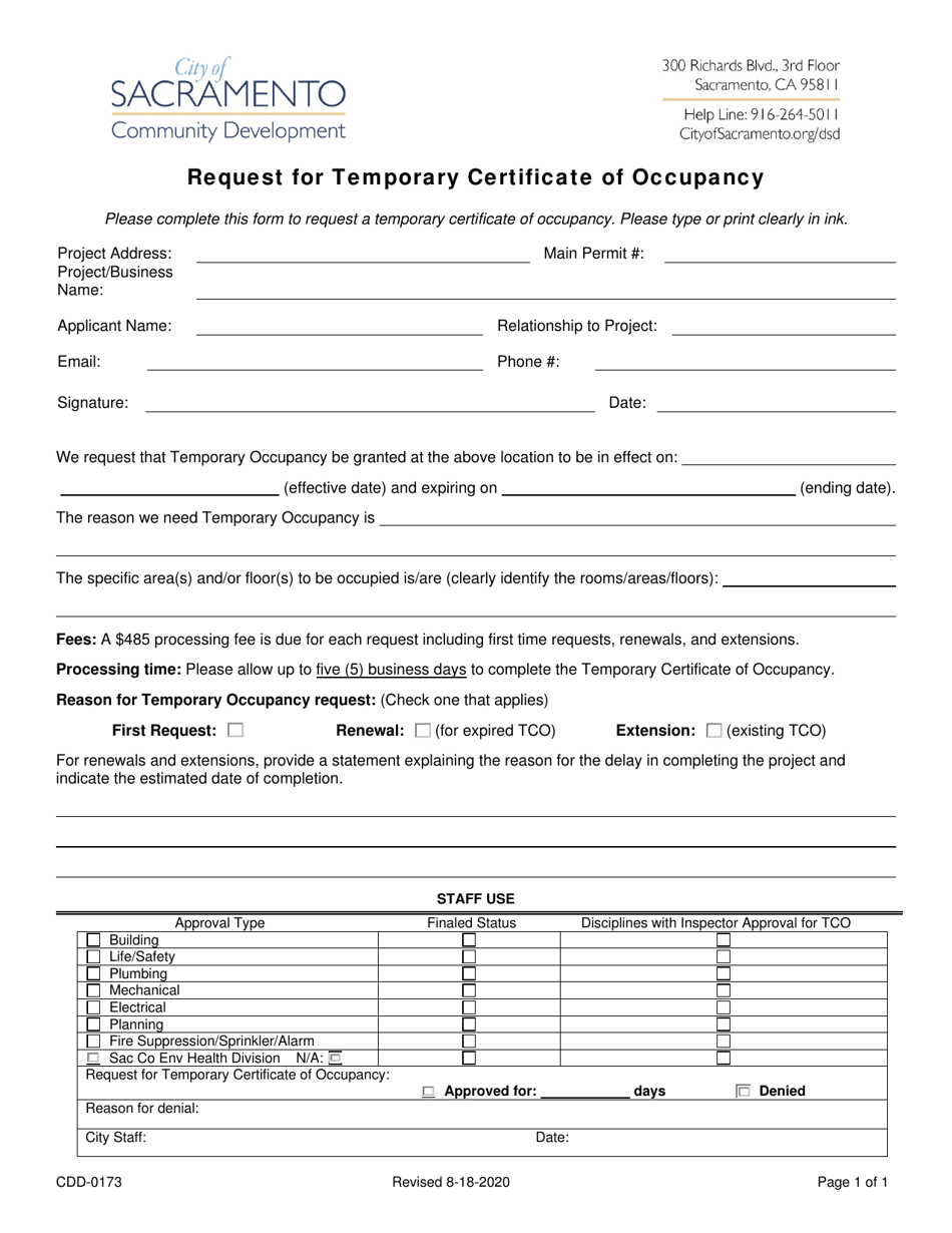 Form CDD-0173 Request for Temporary Certificate of Occupancy - City of Sacramento, California, Page 1