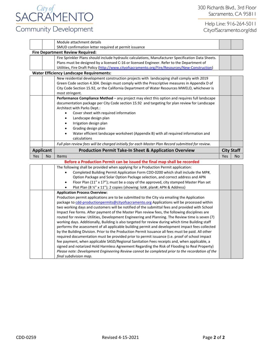 Form CDD-0259 Master Plan / Subdivision  Production Permit Submittal Checklist - City of Sacramento, California, Page 2