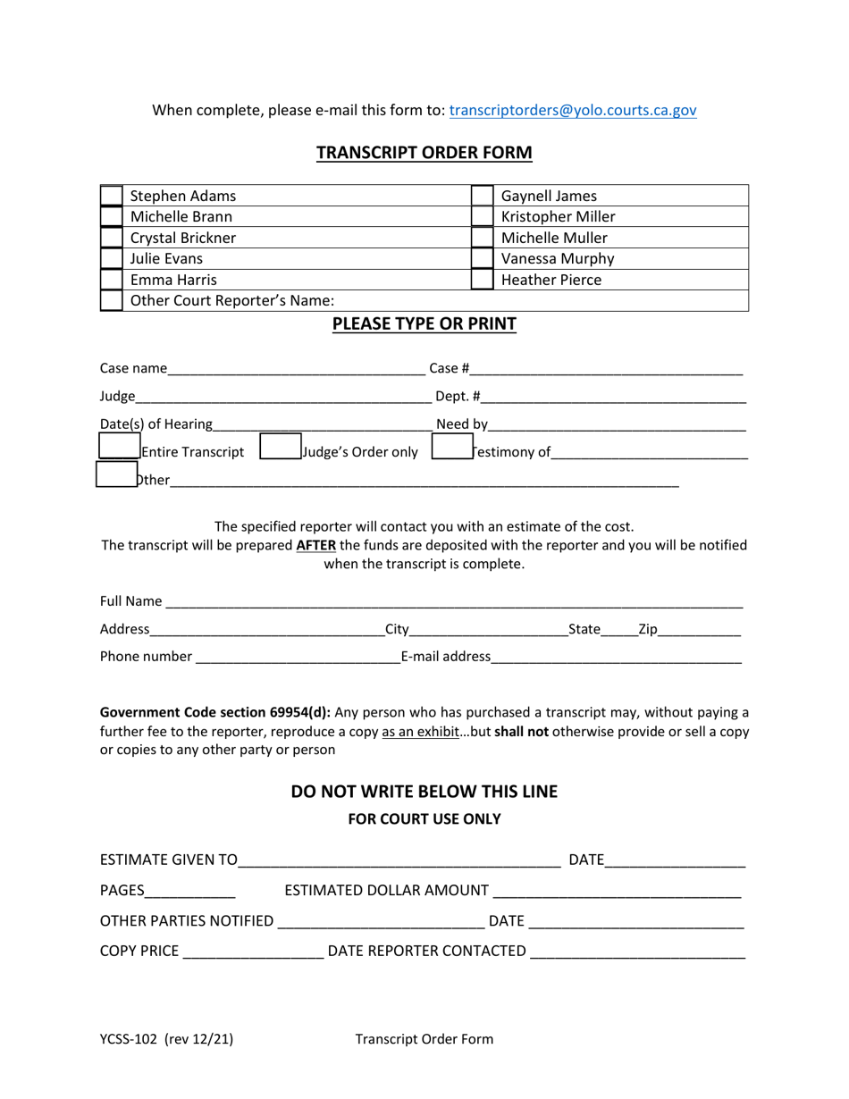 Form YCSS-102 Transcript Order Form - County of Yolo, California, Page 1