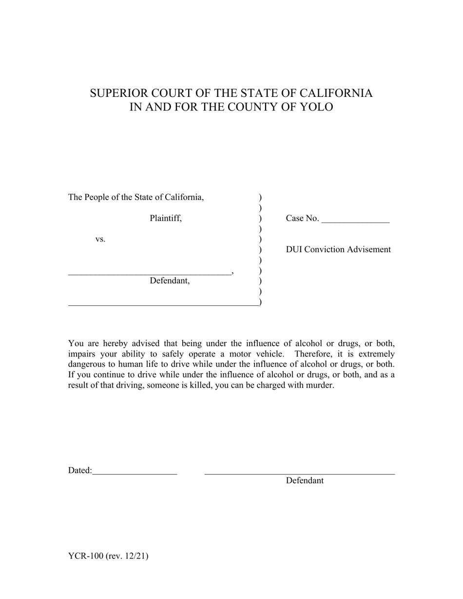 Form YCR-100 Dui Conviction Advisement - County of Yolo, California, Page 1