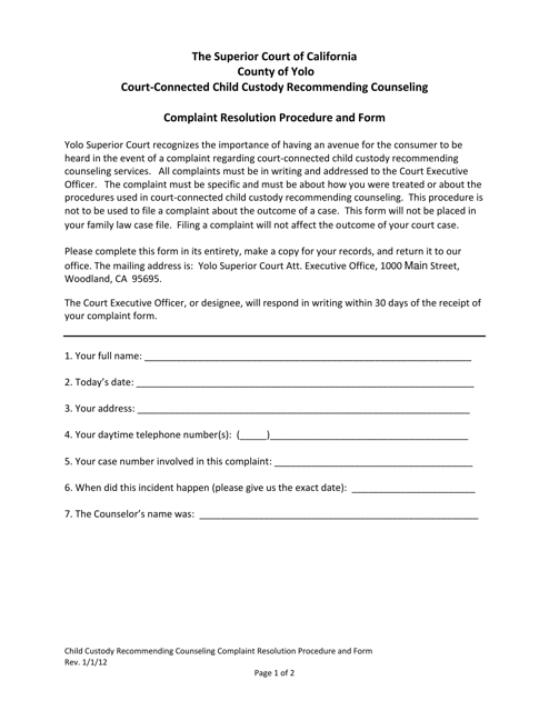 Court-Connected Child Custody Recommending Counseling Complaint Resolution Procedure and Form - County of Yolo, California Download Pdf