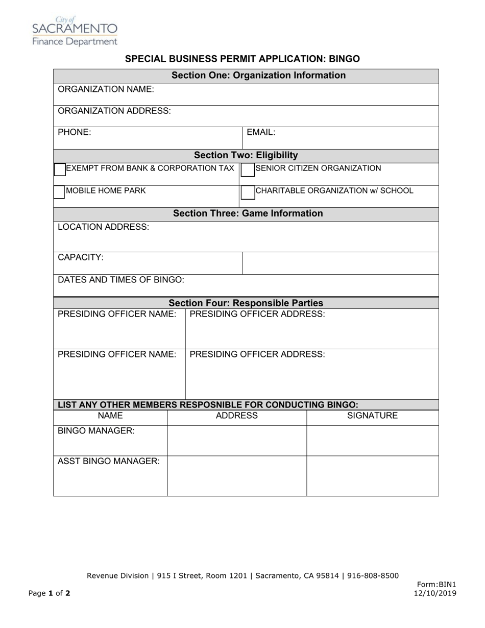 Form BIN1 Special Business Permit Application: Bingo - City of Sacramento, California, Page 1
