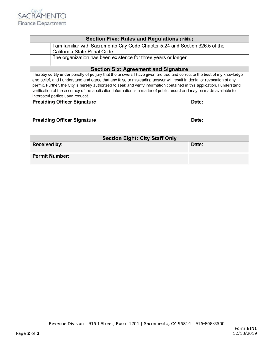 Form BIN1 Special Business Permit Application: Bingo - City of Sacramento, California, Page 2