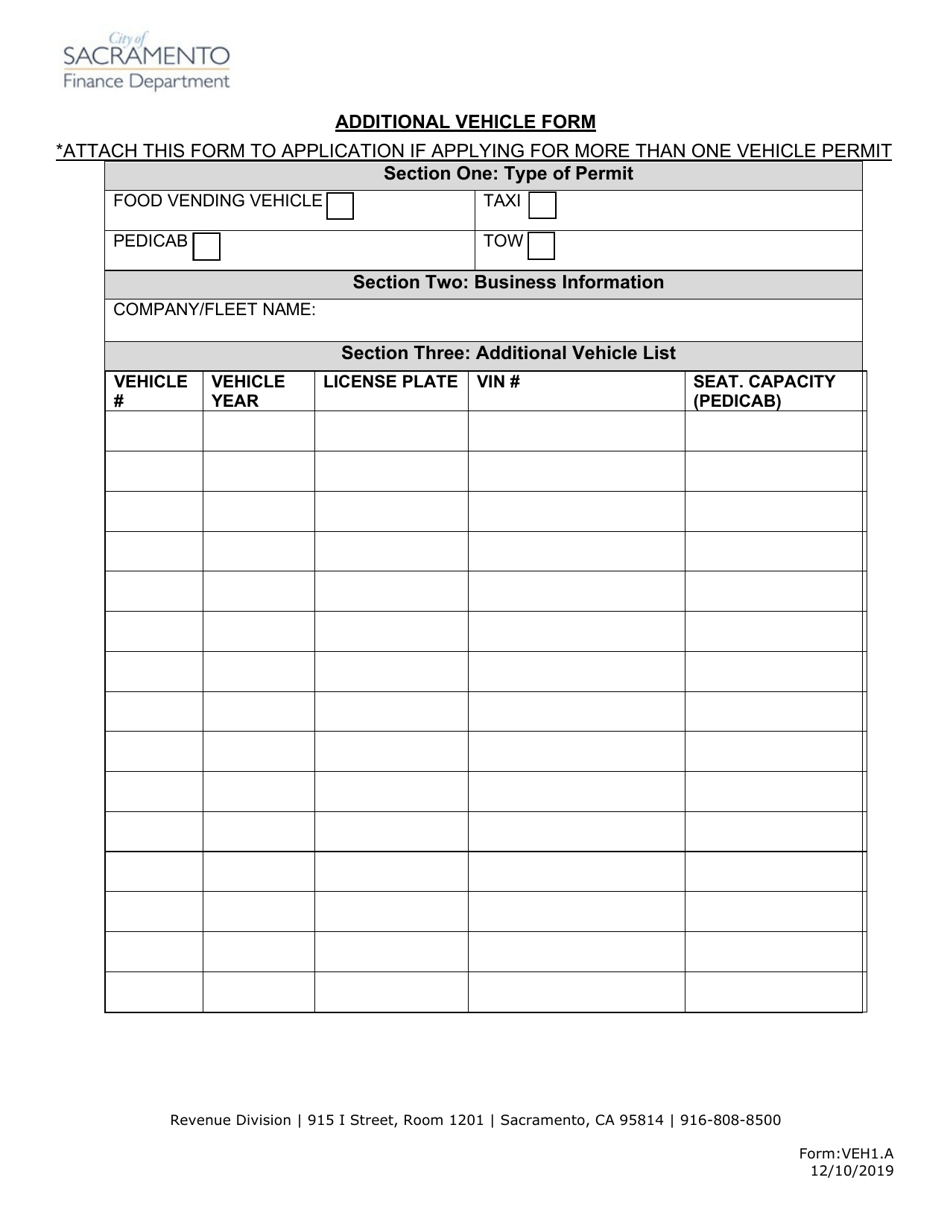 Form VEH1.A Additional Vehicle Form - City of Sacramento, California, Page 1