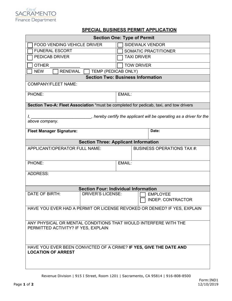 Form IND1 Special Business Permit Application - City of Sacramento, California, Page 1