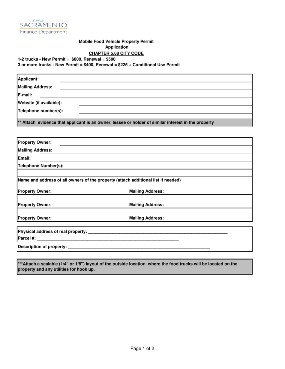 Mobile Food Vehicle Property Permit Application - City of Sacramento, California, Page 1