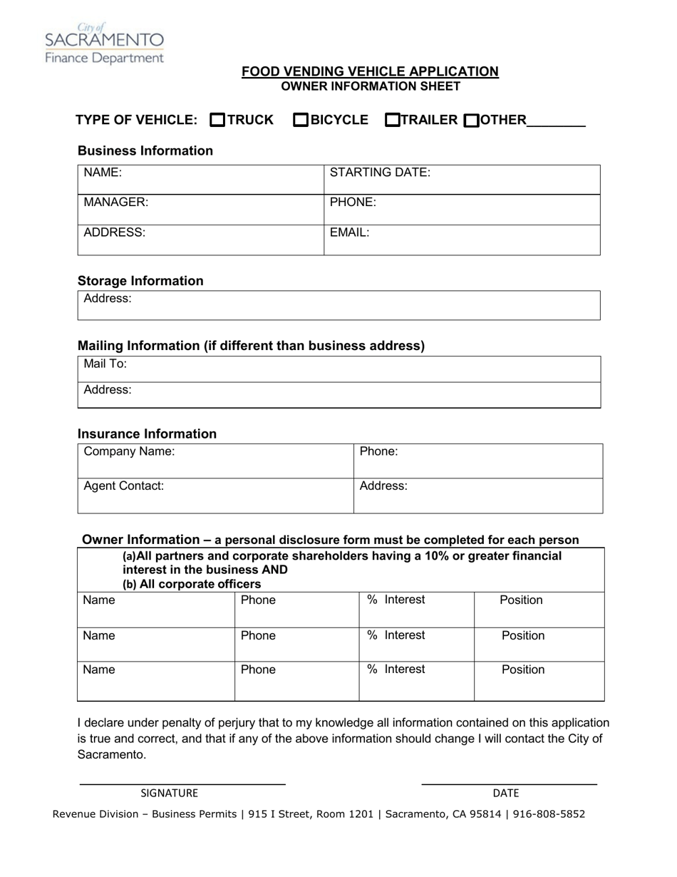 City of Sacramento, California Food Vending Vehicle Application - Fill ...