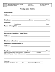&quot;Complaint Form&quot; - Allegany County, New York