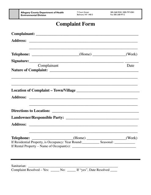 Complaint Form - Allegany County, New York Download Pdf