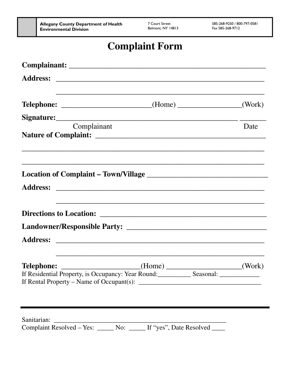 Complaint Form - Allegany County, New York, Page 1