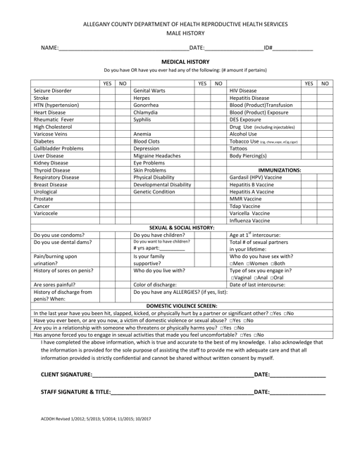 Male Health History Form - Allegany County, New York Download Pdf