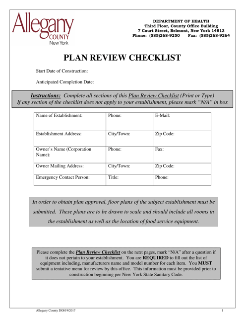 Plan Review Checklist - Allegany County, New York Download Pdf