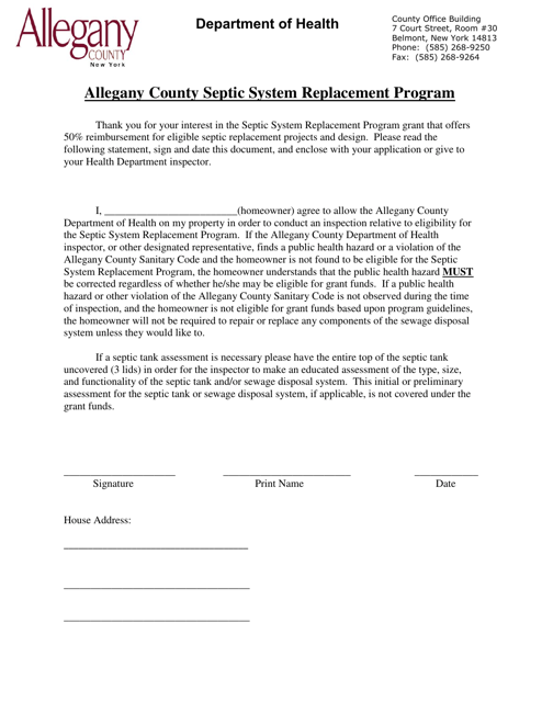 Allegany County Septic System Replacement Program Application - Allegany County, New York