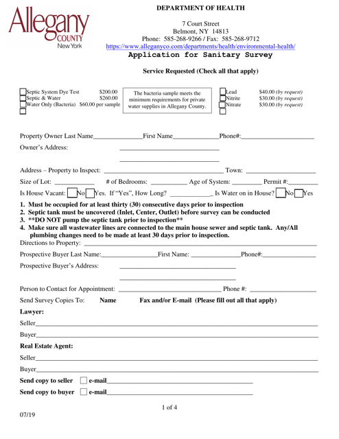 Application for Sanitary Survey - Allegany County, New York Download Pdf