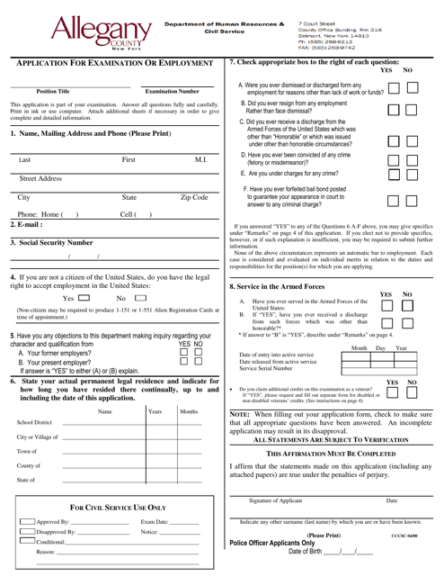 Application for Examination or Employment - Allegany County, New York Download Pdf