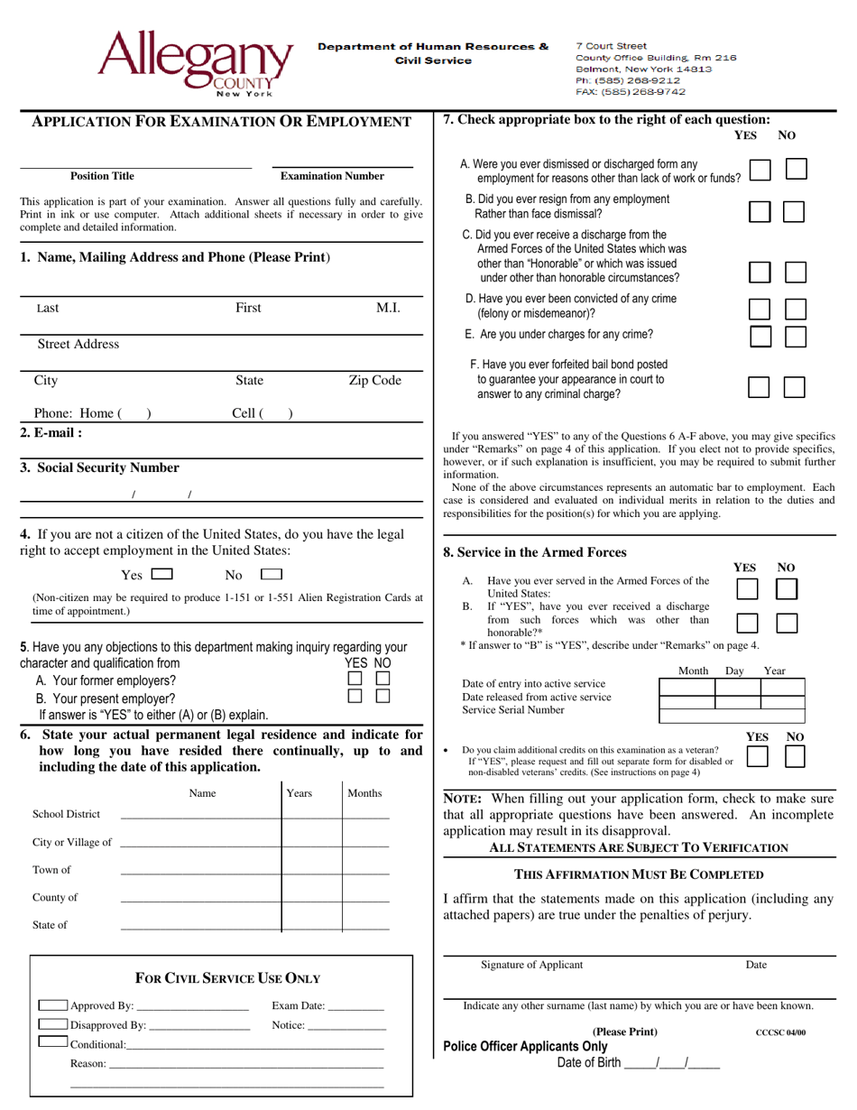 Allegany County, New York Application for Examination or Employment Fill Out, Sign Online and
