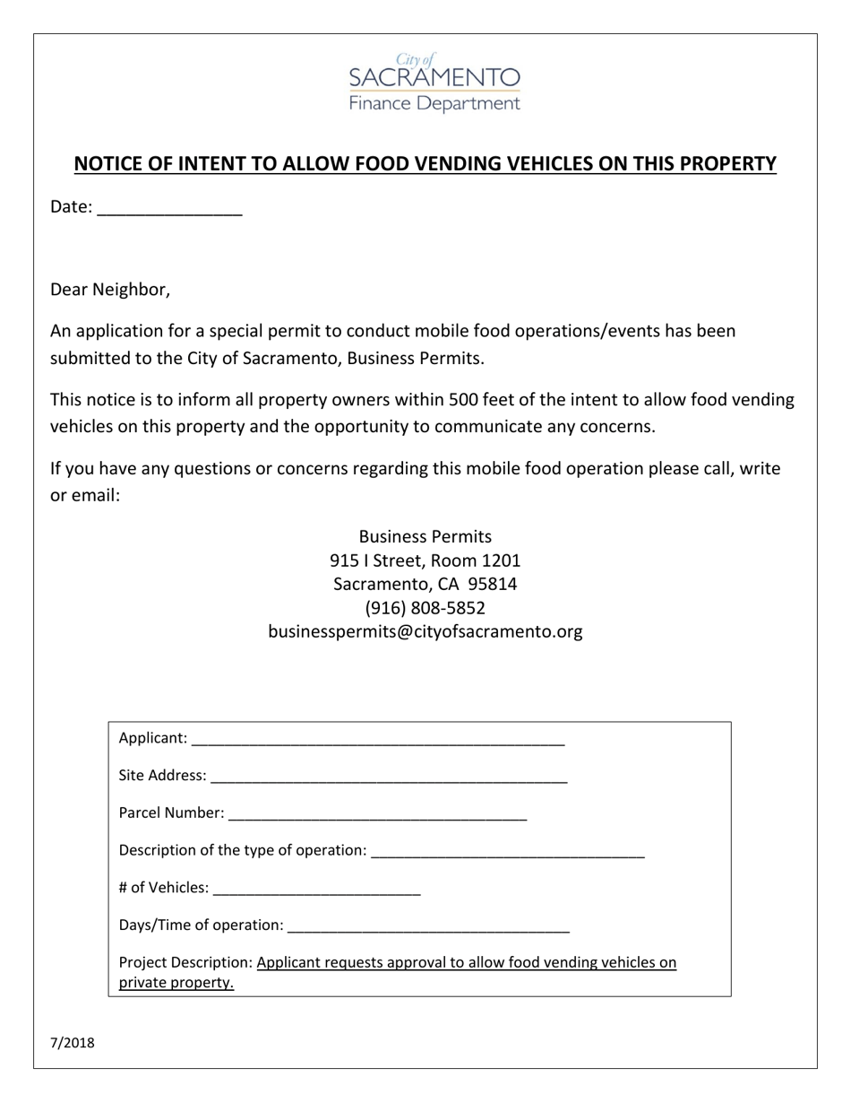Notice of Intent to Allow Food Vending Vehicles on This Property - City of Sacramento, California, Page 1