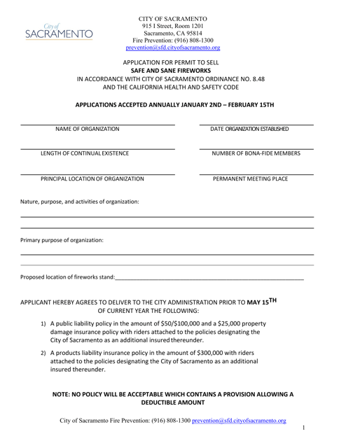Application for Permit to Sell Safe and Sane Fireworks - City of Sacramento, California Download Pdf