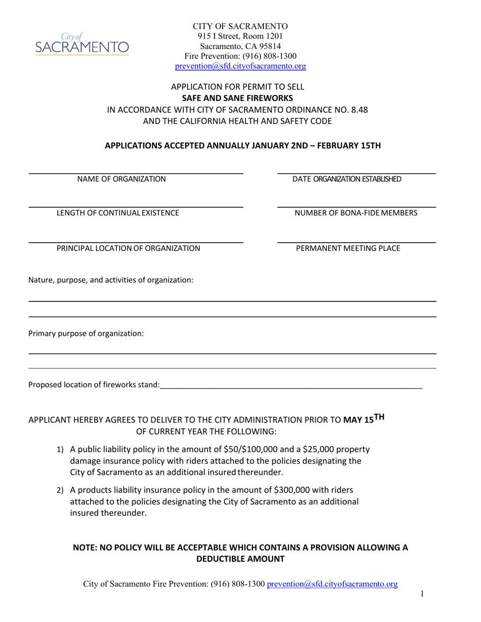 Application for Permit to Sell Safe and Sane Fireworks - City of Sacramento, California, Page 1