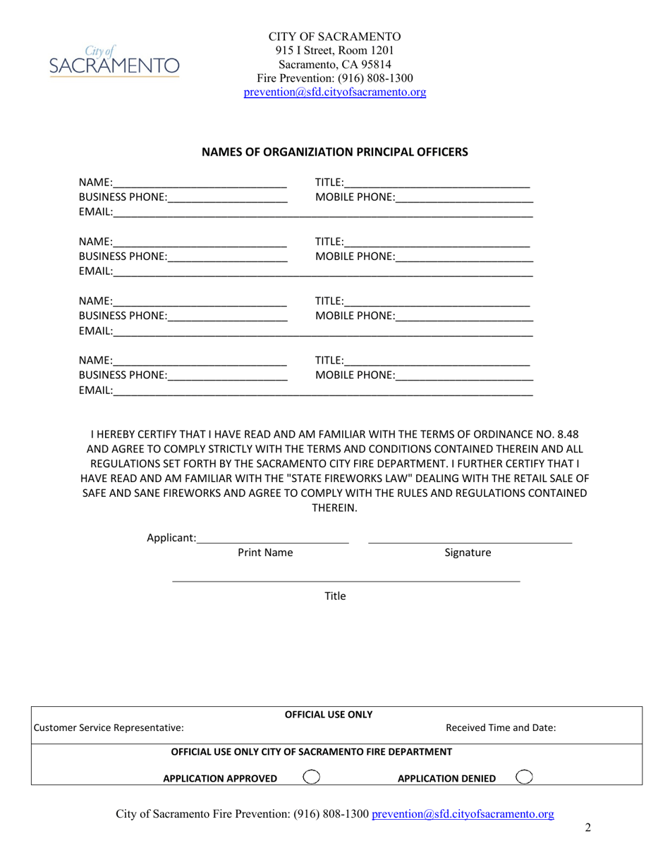 Application for Permit to Sell Safe and Sane Fireworks - City of Sacramento, California, Page 2
