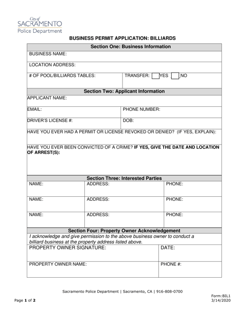 Form BIL1 Business Permit Application - Billiards - City of Sacramento, California