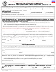 Document preview: Application for Certified Copy of a Military Discharge Record (DD-214) - Sacramento County, California