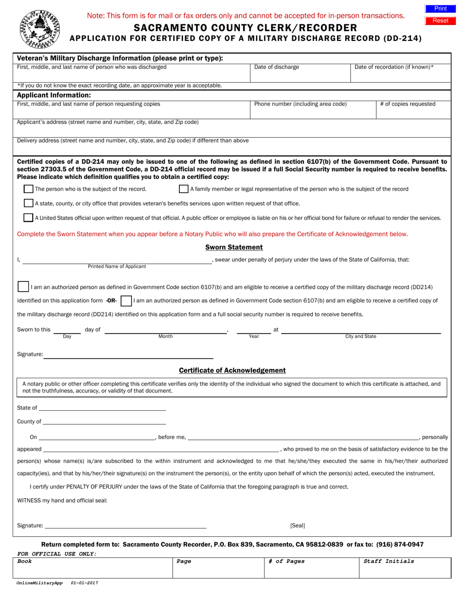 Application for Certified Copy of a Military Discharge Record (DD-214) - Sacramento County, California, Page 1