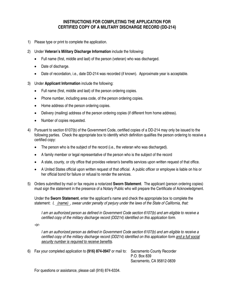 Application for Certified Copy of a Military Discharge Record (DD-214) - Sacramento County, California, Page 2