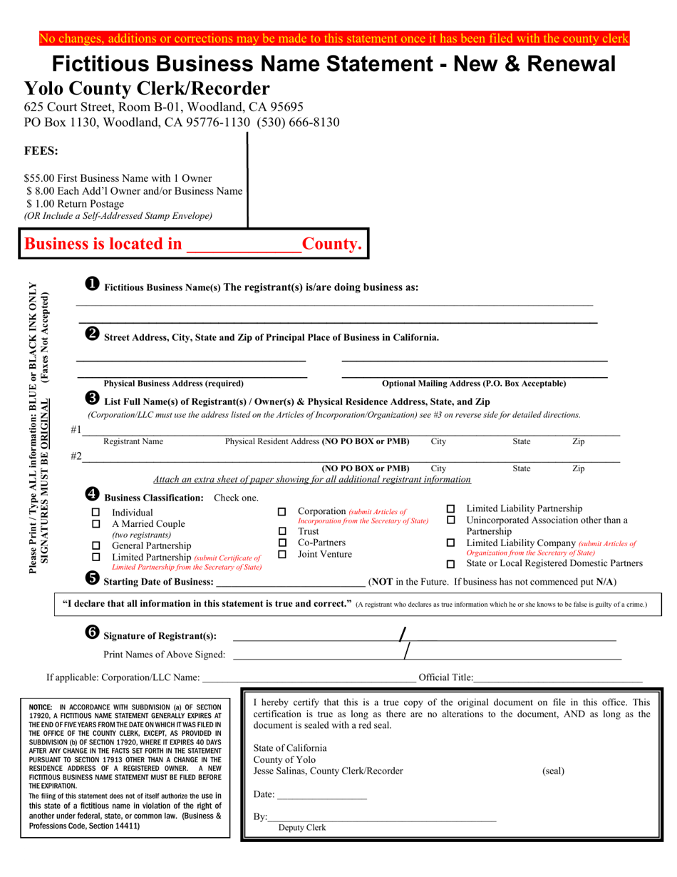 Yolo County California Fictitious Business Name Statement New And Renewal Fill Out Sign 9647