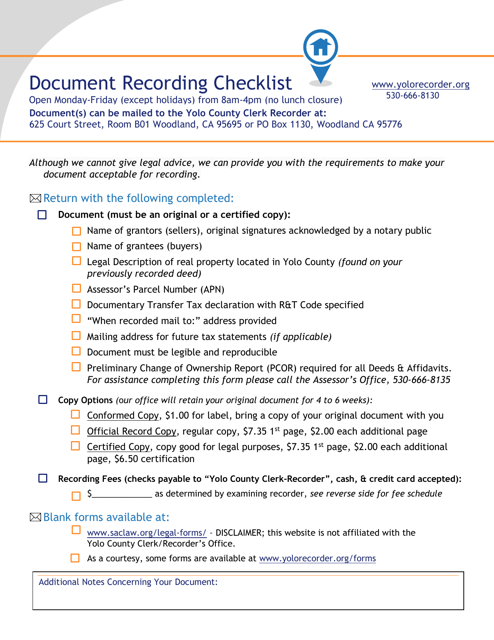 Document Recording Checklist - Yolo County, California Download Pdf