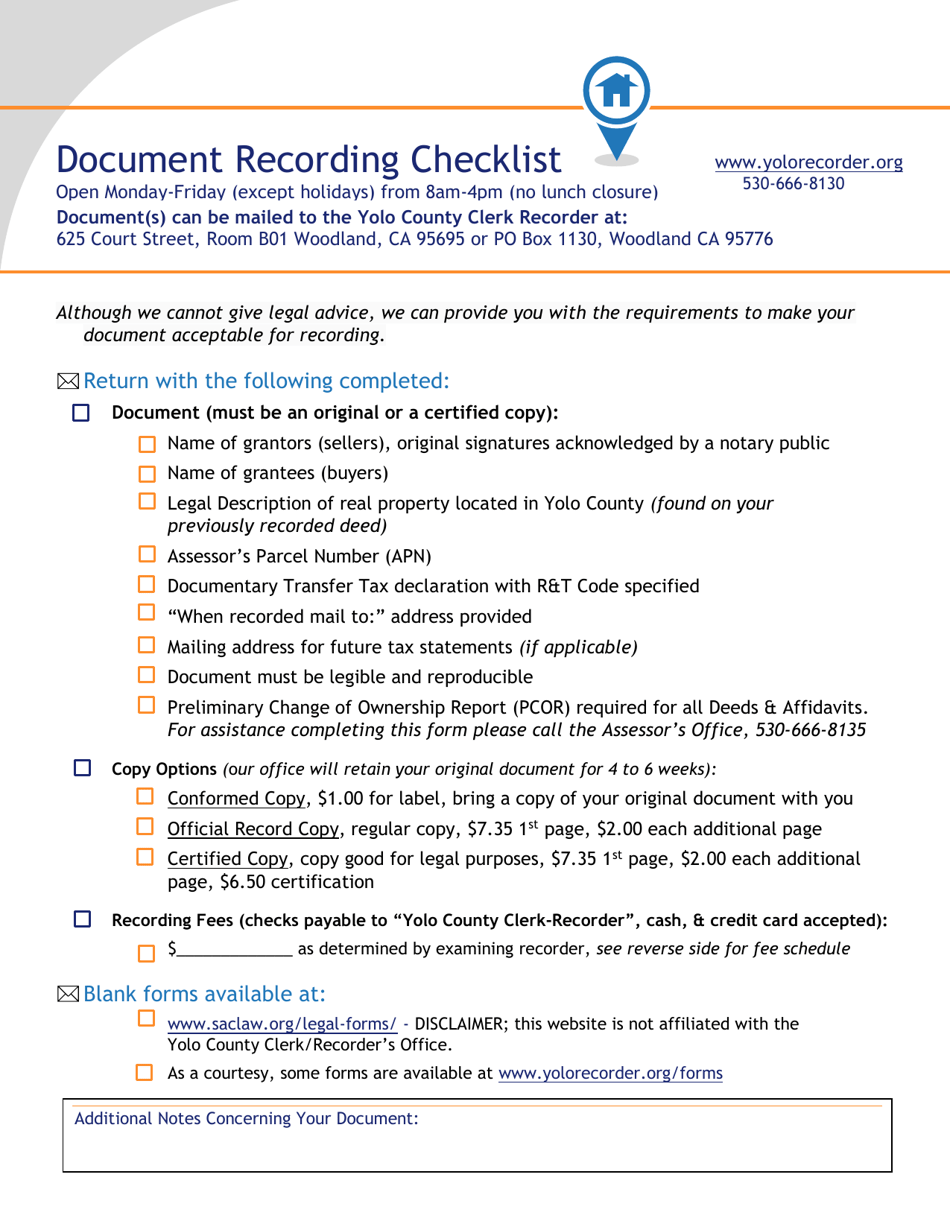Document Recording Checklist - Yolo County, California, Page 1