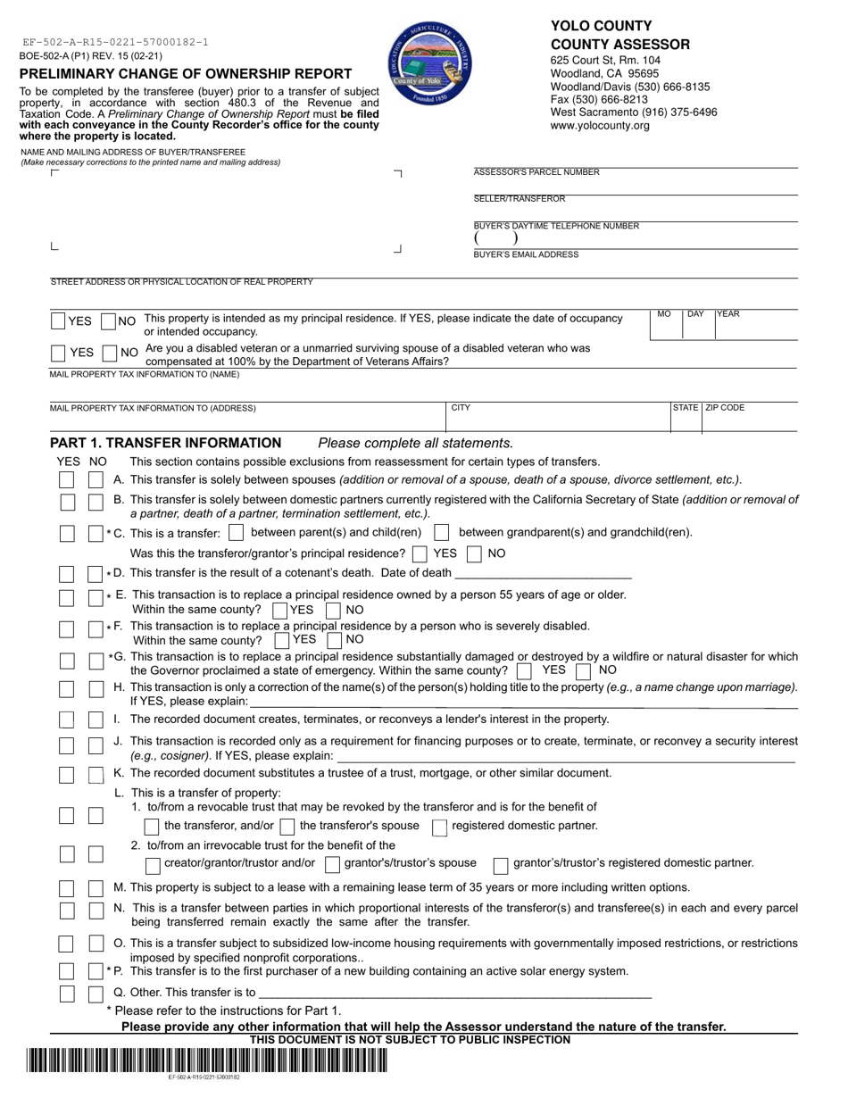 Form BOE-502-A Preliminary Change of Ownership Report - Yolo County, California, Page 1
