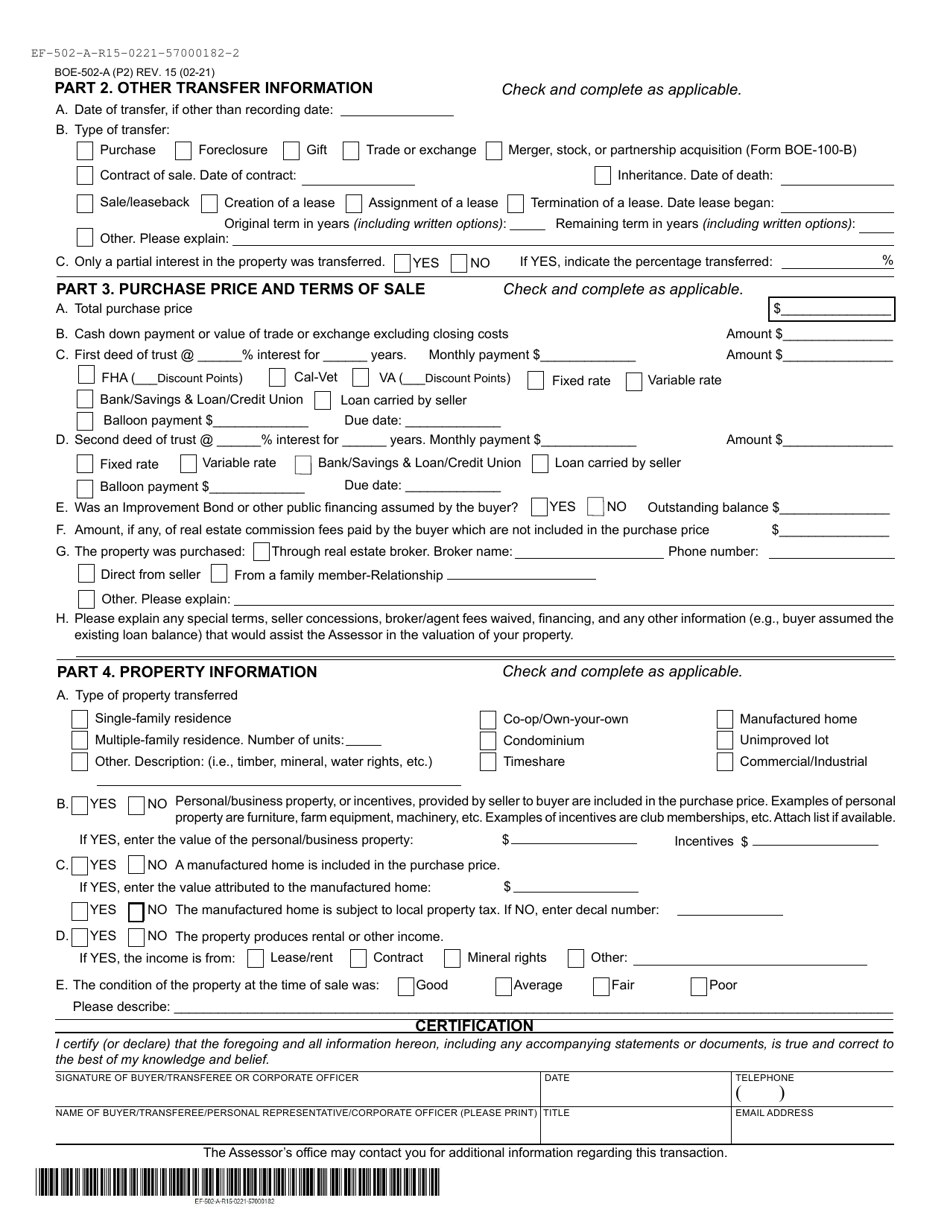 Form BOE-502-A Preliminary Change of Ownership Report - Yolo County, California, Page 2