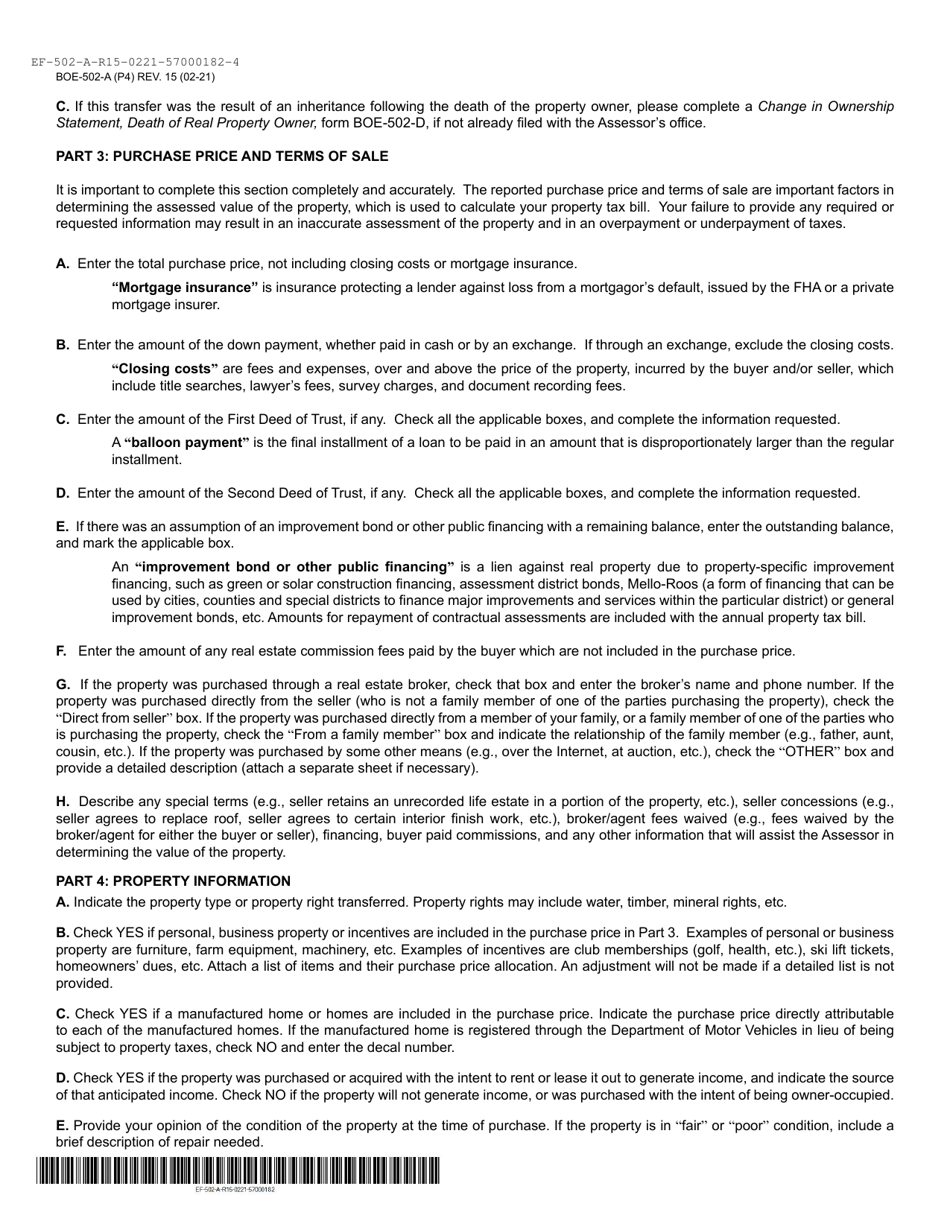 Form BOE-502-A Preliminary Change of Ownership Report - Yolo County, California, Page 4