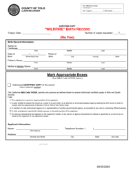 Document preview: Application for Wildfire Birth Record - Creek, El Dorado, Valley Fires - County of Yolo, California