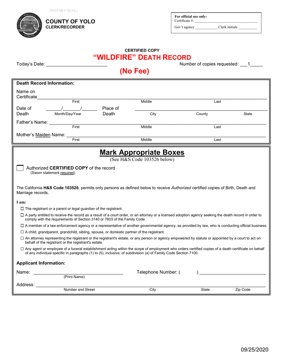 Application for Wildfire Death Record - Creek, El Dorado, Valley Fires - County of Yolo, California, Page 1