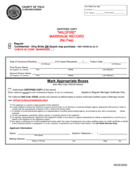 Document preview: Application for Wildfire Marriage Record - Creek, El Dorado, Valley Fires - Yolo County, California