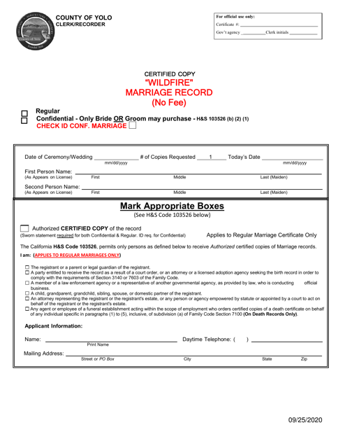 Application for Wildfire Marriage Record - Creek, El Dorado, Valley Fires - Yolo County, California Download Pdf