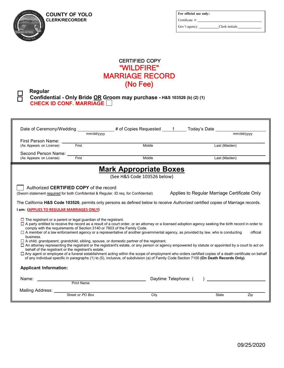 Application for Wildfire Marriage Record - Creek, El Dorado, Valley Fires - Yolo County, California, Page 1