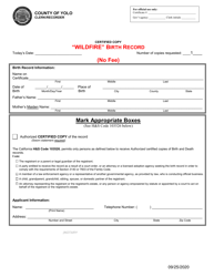 Document preview: Application for Wildfire Birth Record - Wildfire Slater, Siskiyou County - Yolo County, California