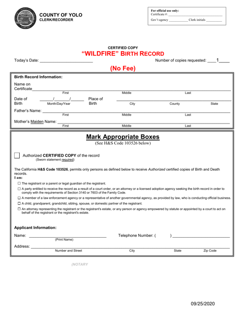 Application for Wildfire Birth Record - Wildfire Slater, Siskiyou County - Yolo County, California Download Pdf