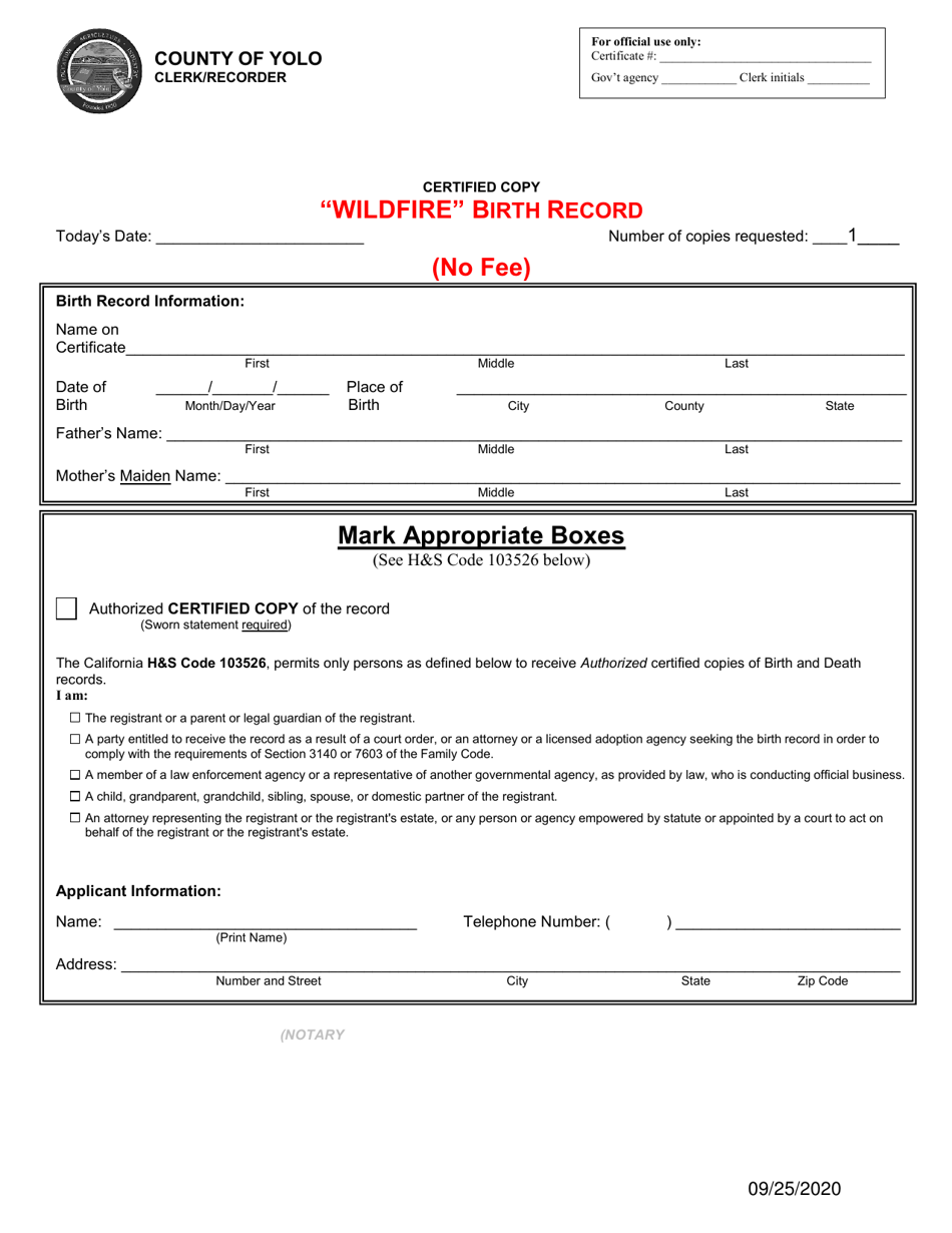 Application for Wildfire Birth Record - Wildfire Slater, Siskiyou County - Yolo County, California, Page 1