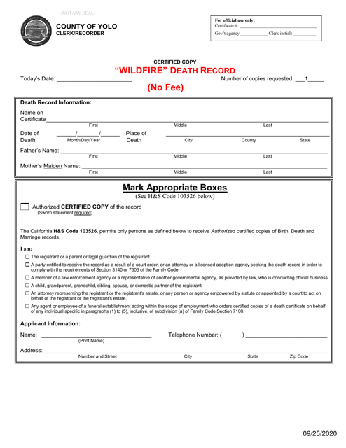 Application for Wildfire Death Record - Wildfire Slater, Siskiyou County - Yolo County, California Download Pdf