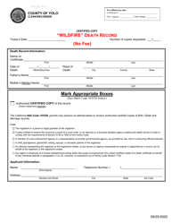 Application for Wildfire Death Record - Wildfire Slater, Siskiyou County - Yolo County, California