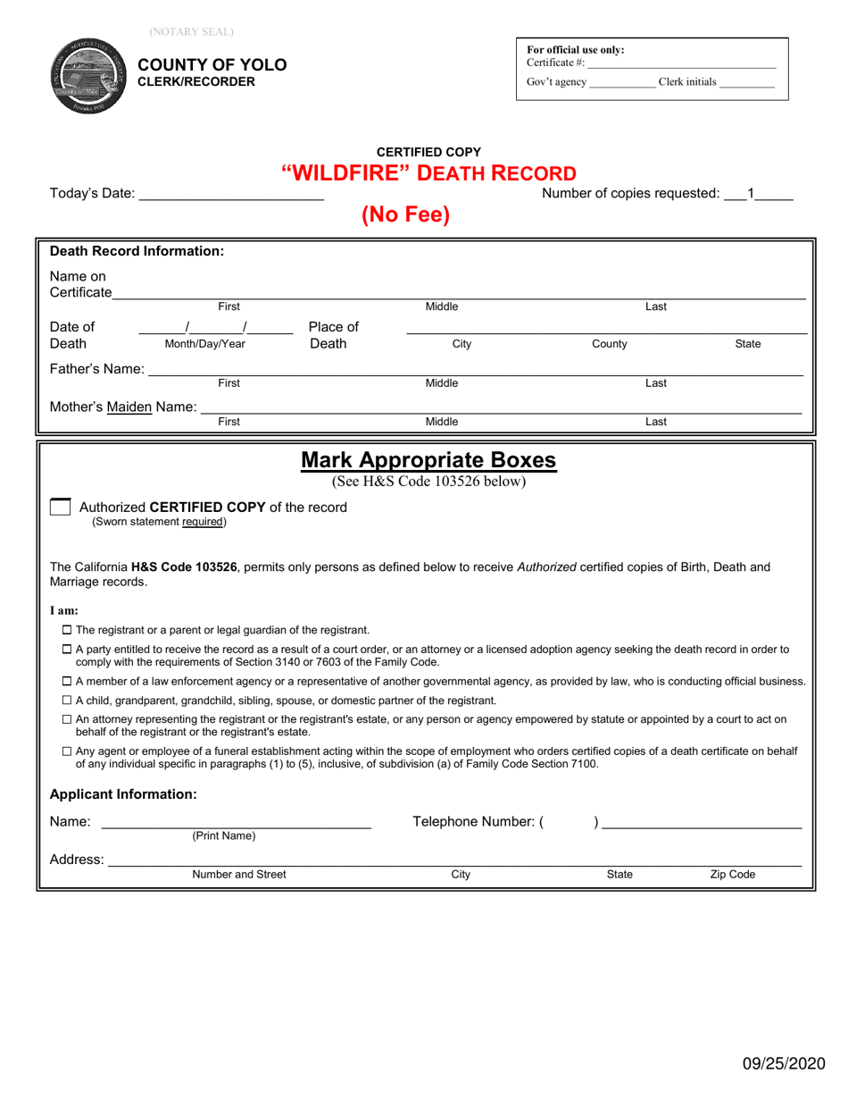 Application for Wildfire Death Record - Wildfire Slater, Siskiyou County - Yolo County, California, Page 1