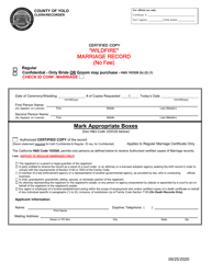 Document preview: Application for Wildfire Marriage Record - Wildfire Slater, Siskiyou County - Yolo County, California