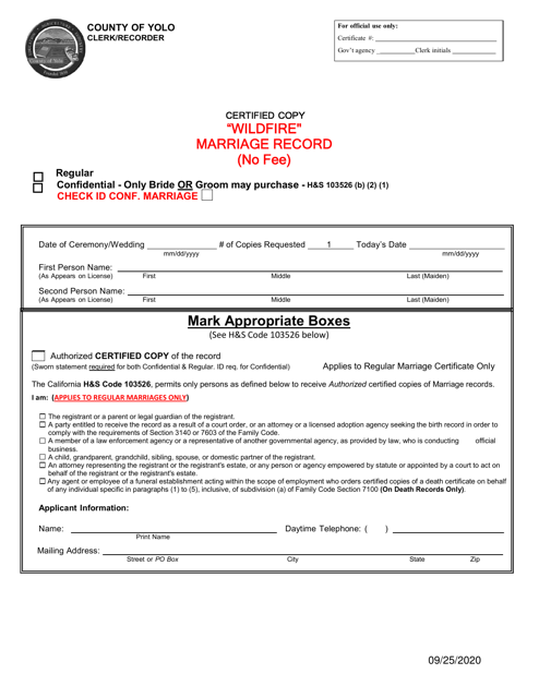 Application for Wildfire Marriage Record - Wildfire Slater, Siskiyou County - Yolo County, California