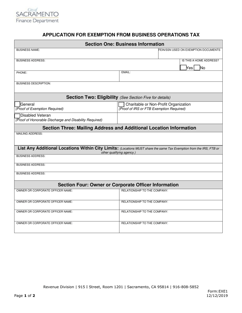 Form EXE1 Fill Out, Sign Online and Download Fillable PDF, City of